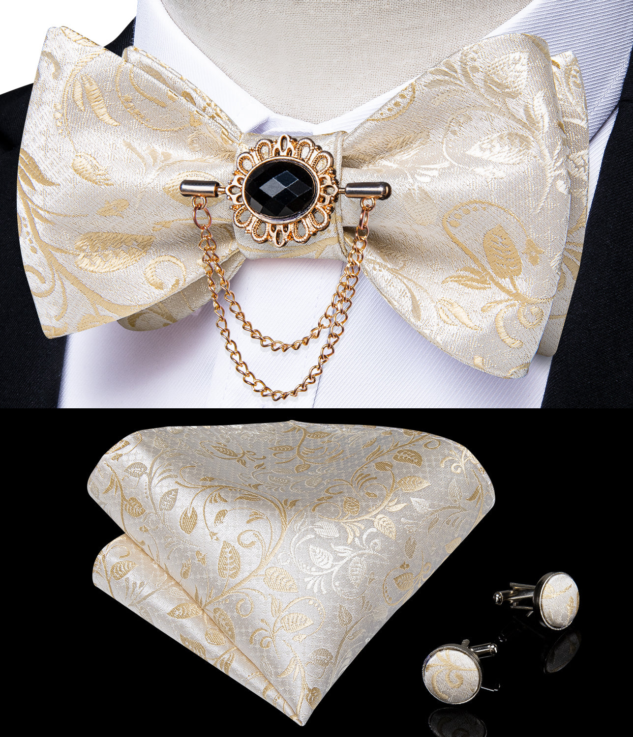 Champagne Floral Self-tied Silk Bow Tie Pocket Square Cufflinks