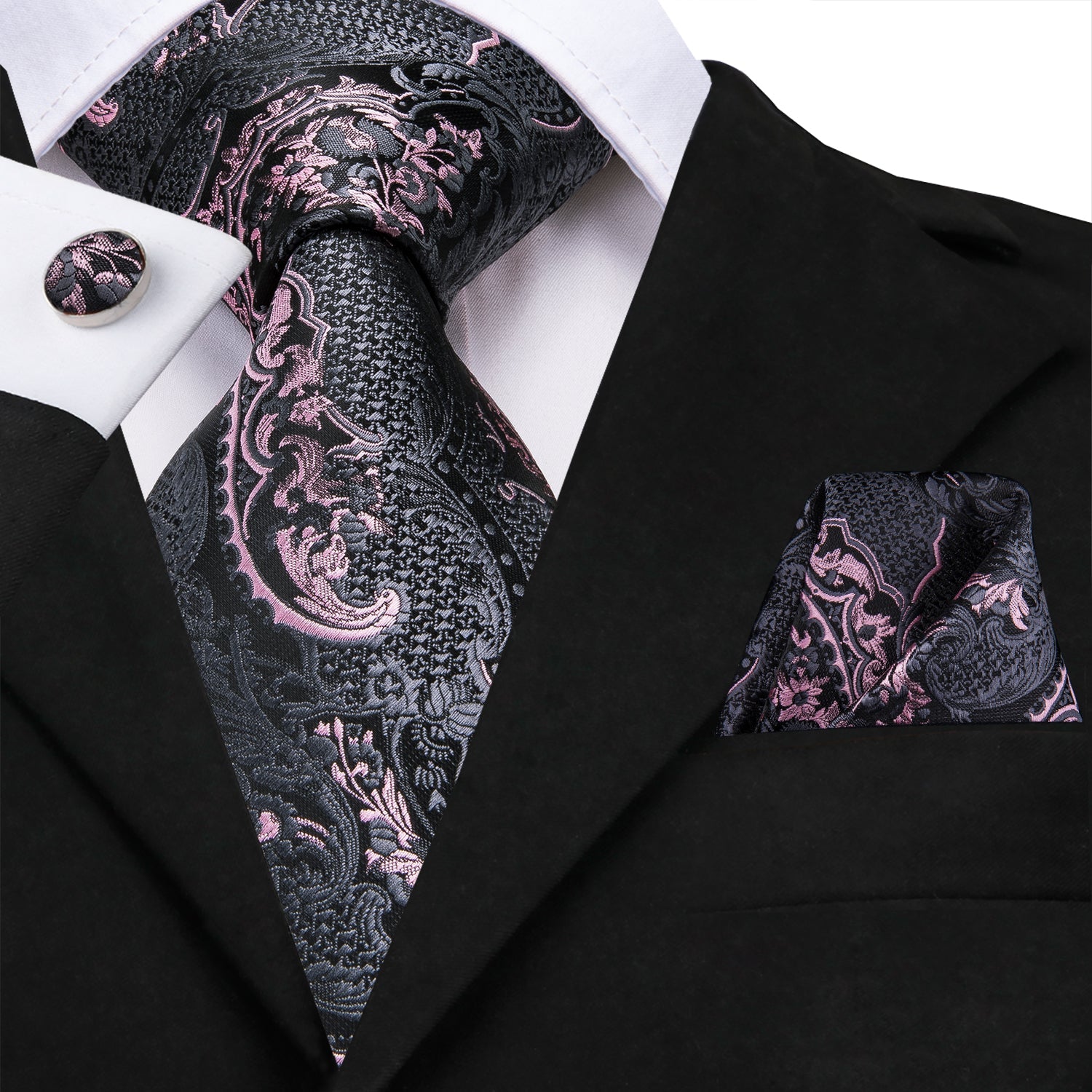 Grey Pink Paisley Men's 63 Inches Extra Long Necktie Pocket Square Cuf 