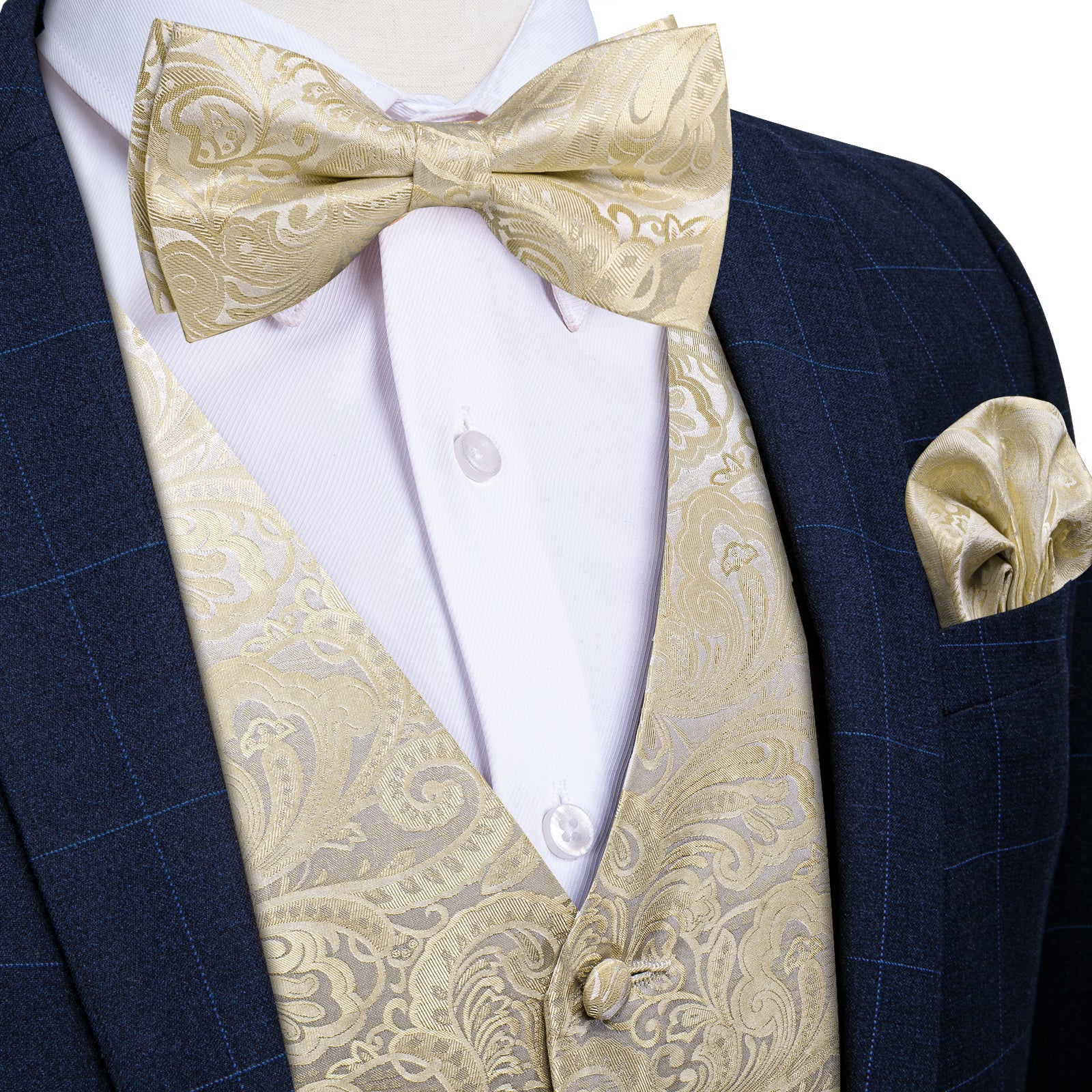 Paisley Tie ties2you – Silver Silk Jacquard Men\'s Bow Champagne Handkerchief Vest