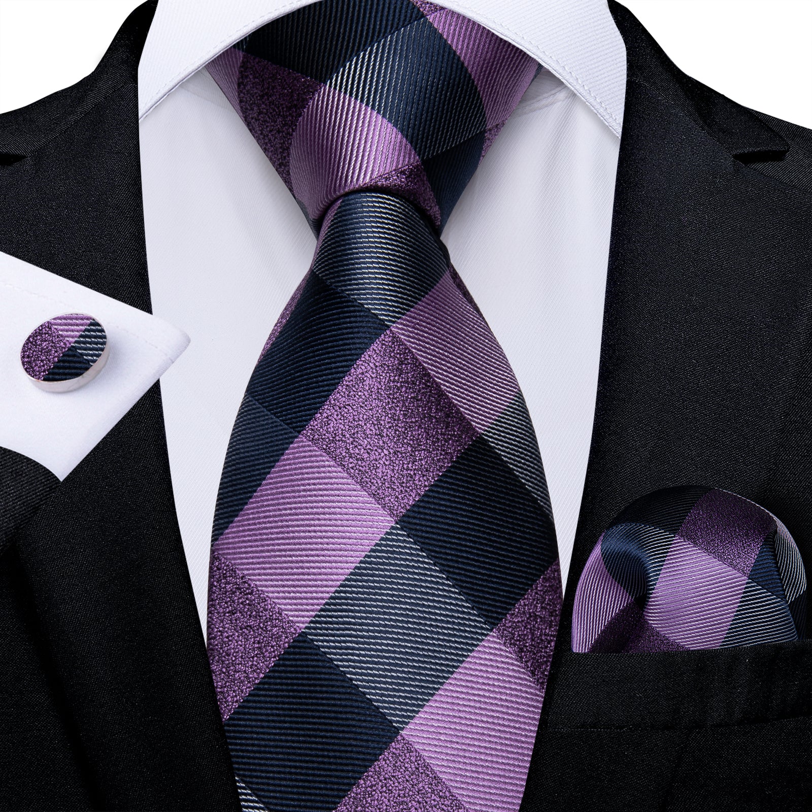 Purple Black Plaid Men's Necktie Hanky Cufflinks Set – Ties2you