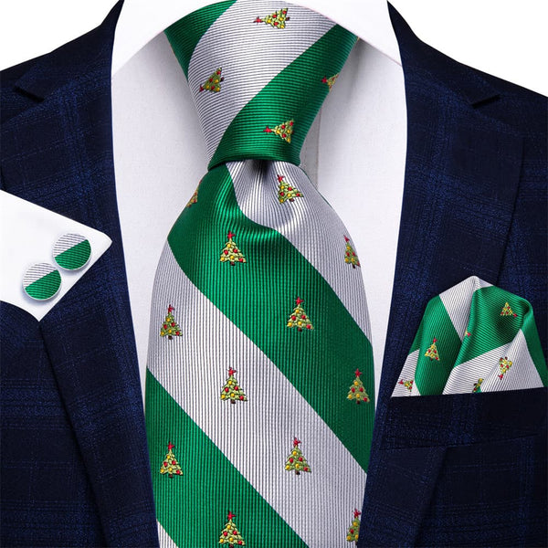 Ties2you Green White Striped Christmas Tree Necktie Square Cufflinks Set