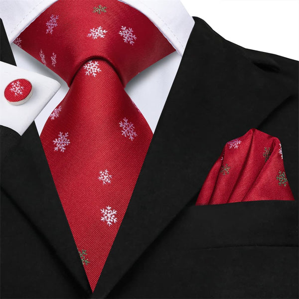 Ties2you Red White Christmas Snowflake Necktie Pocket Square Cufflinks Set