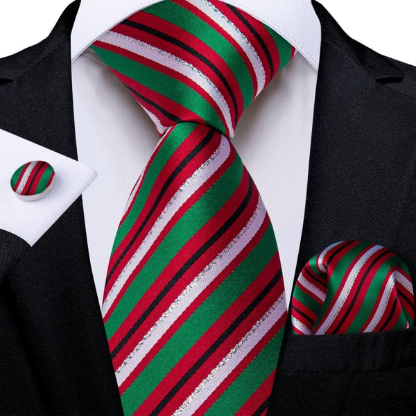 Ties2you Red Green White Striped Christmas Necktie Pocket Square Cufflinks Set