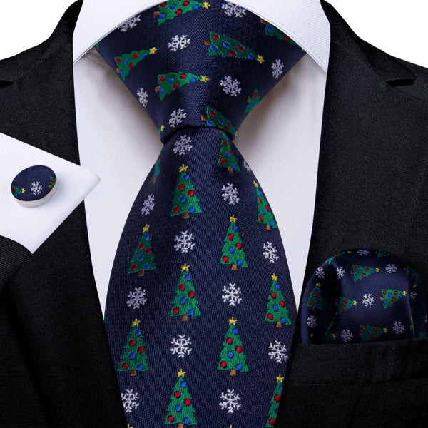 Ties2you Dark Blue White Christmas Snowflake Necktie Pocket Square Cufflinks Set