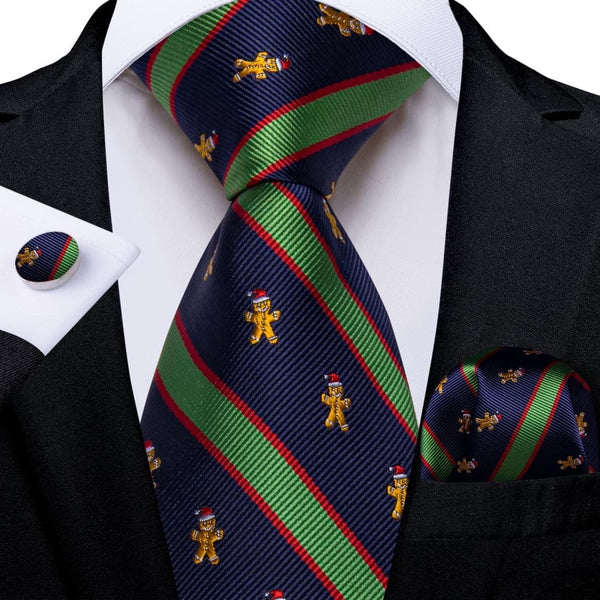 Ties2you Blue Green Striped Christmas Gingerbread Necktie Pocket Square Cufflinks Set