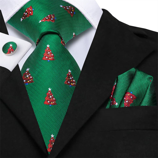 Ties2you Green Red Christmas Tree Necktie Square Cufflinks Set