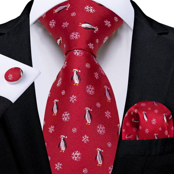 Ties2you Red White Christmas Penguins Snowflake Necktie Pocket Square Cufflinks Set