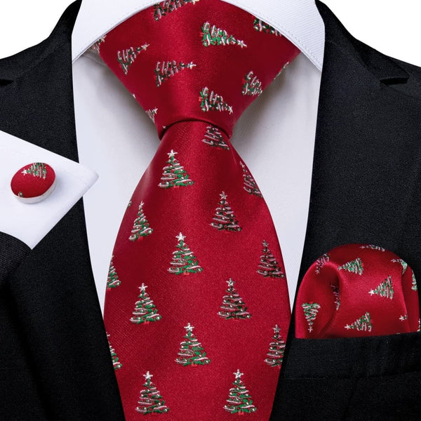 Ties2you Red White Christmas Tree Necktie Pocket Square Cufflinks Set