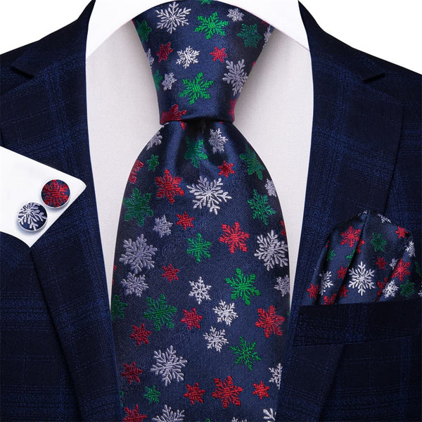 Ties2you Dark Blue Christmas Colorful Snowflake Necktie Square Cufflinks Set