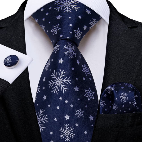 Ties2you Dark Blue White Christmas Snowflake Necktie Pocket Square Cufflinks Set