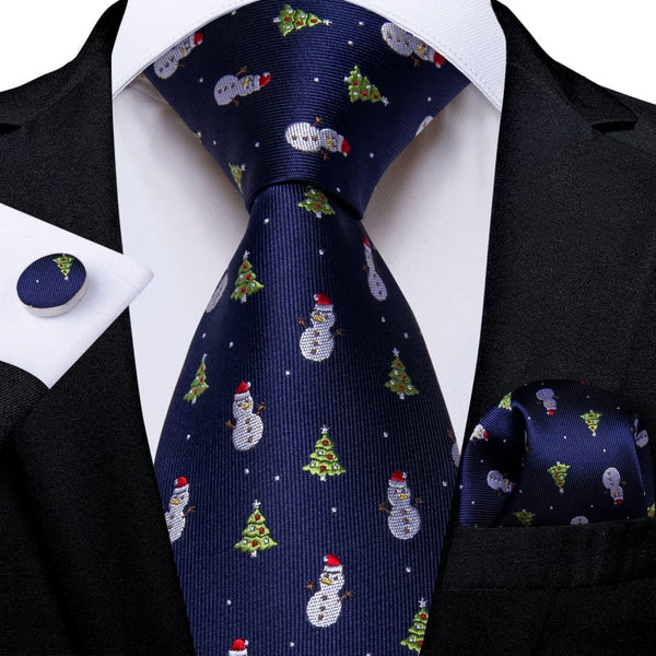 Ties2you Blue Green Christmas Tree Snowman Necktie Pocket Square Cufflinks Set