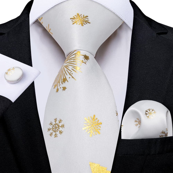 Ties2you White Gold Christmas Snowflake Firework Necktie Pocket Square Cufflinks Set