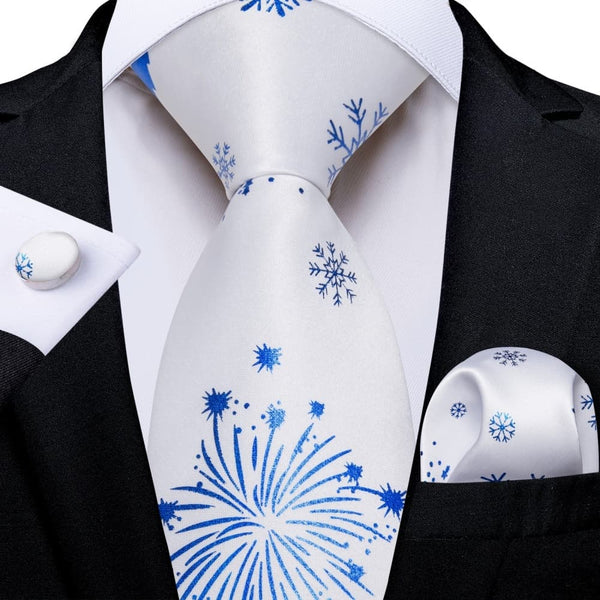 Ties2you White Blue Christmas Snowflake Firework Necktie Pocket Square Cufflinks Set