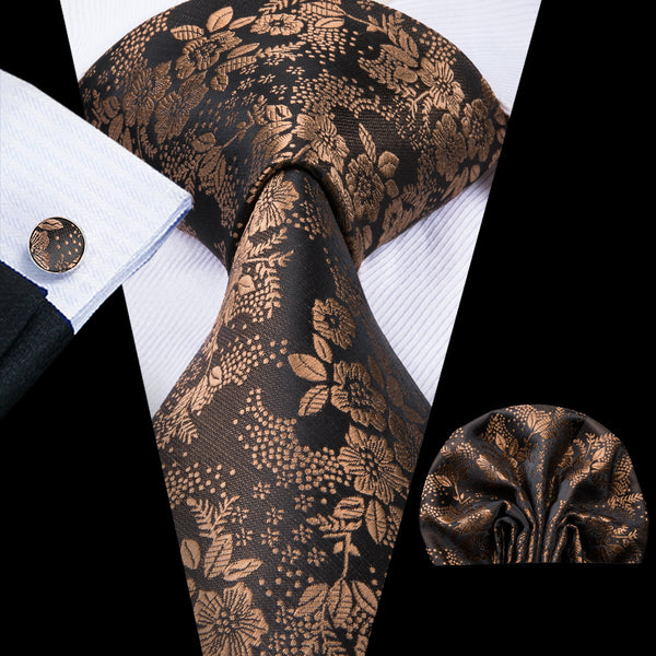 Brown Floral Silk Tie Pocket Square Cufflinks Set