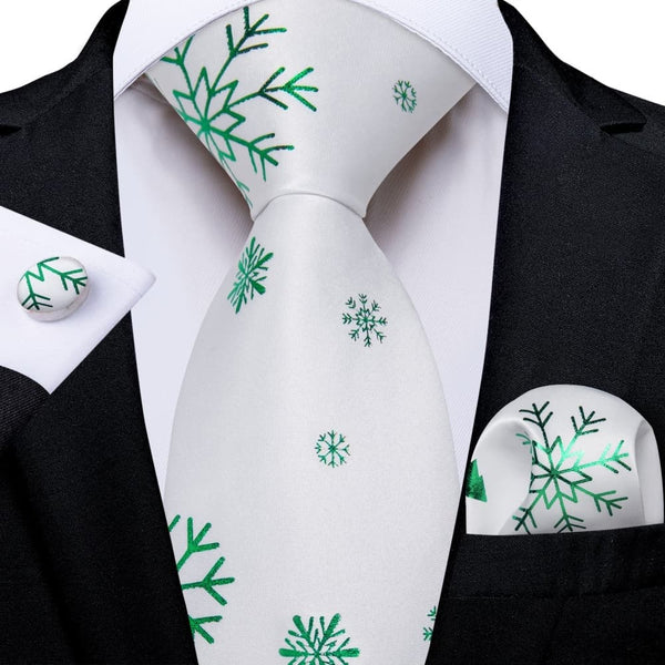 Ties2you White Green Christmas Snowflake Firework Necktie Pocket Square Cufflinks Set