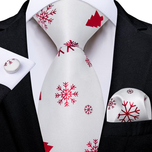 Ties2you White Red Christmas Snowflake Firework Necktie Pocket Square Cufflinks Set