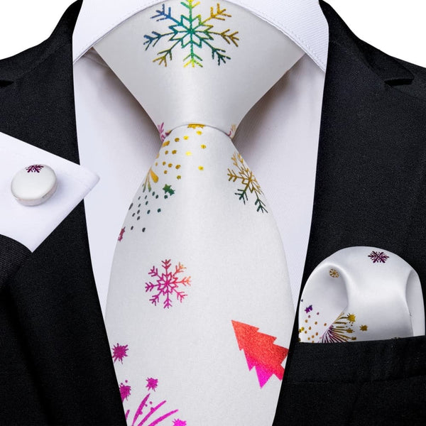 Ties2you White Colorful Christmas Snowflake Firework Necktie Pocket Square Cufflinks Set