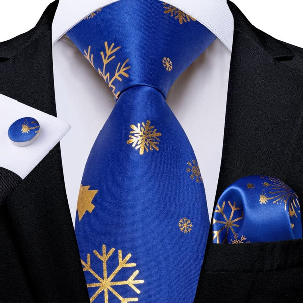 Ties2you Blue Gold Christmas Snowflake Firework Necktie Pocket Square Cufflinks Set