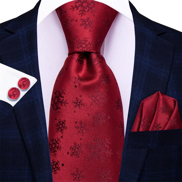 Ties2you Red Christmas Snowflake Necktie Pocket Square Cufflinks Set