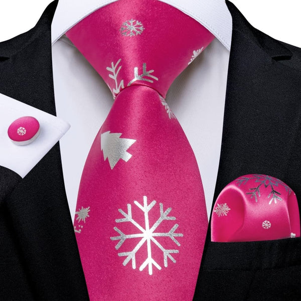 Ties2you Pink White Christmas Snowflake Firework Necktie Pocket Square Cufflinks Set