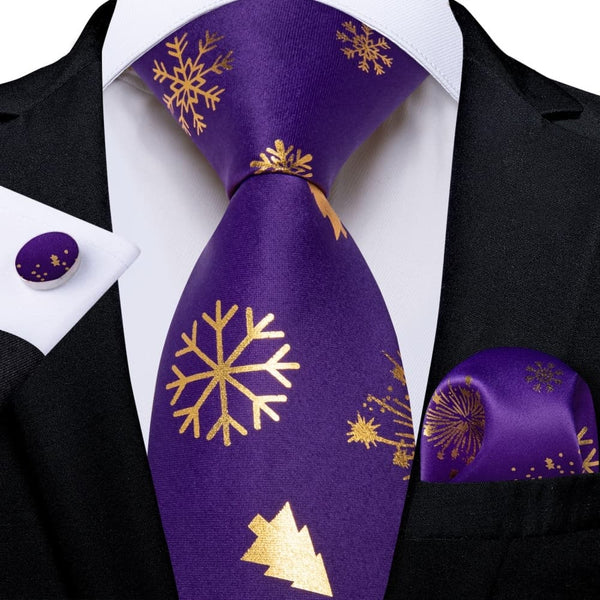 Ties2you Purple Gold Christmas Snowflake Firework Necktie Pocket Square Cufflinks Set