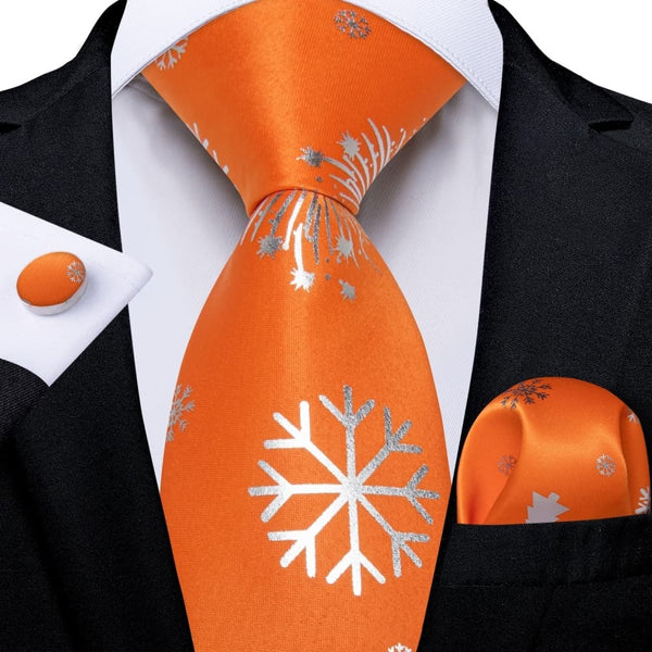 Ties2you Orange White Christmas Snowflake Firework Necktie Pocket Square Cufflinks Set