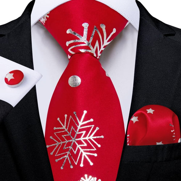 Ties2you Red White Christmas Snowflake Necktie Pocket Square Cufflinks Set