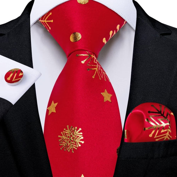 Ties2you Red Gold Christmas Snowflake Necktie Pocket Square Cufflinks Set