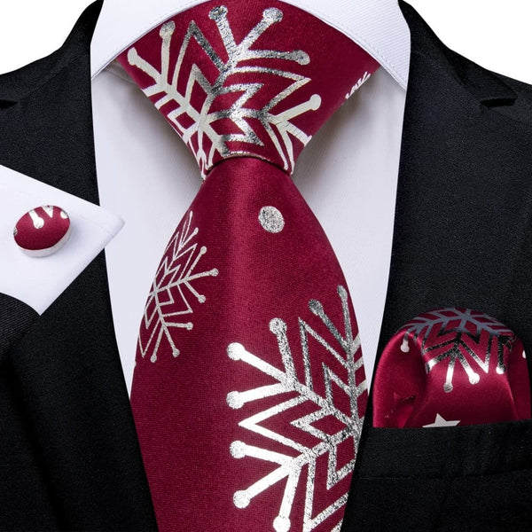 Ties2you Dark Red White Christmas Snowflake Necktie Pocket Square Cufflinks Set