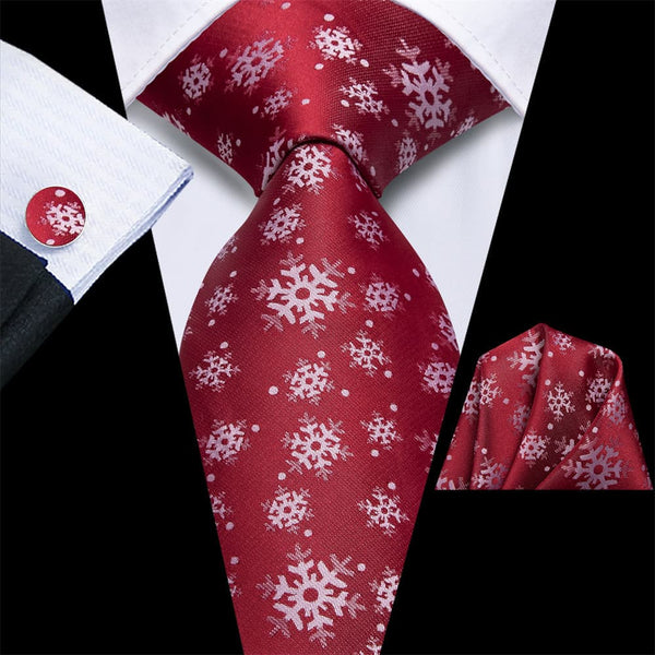 Ties2you Red White Christmas Snowflake Necktie Pocket Square Cufflinks Set