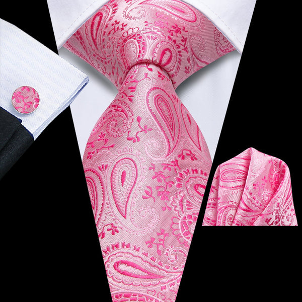 Pink Paisley Men's 70 Inches Extra Length Tie Handkerchief Cufflinks Set