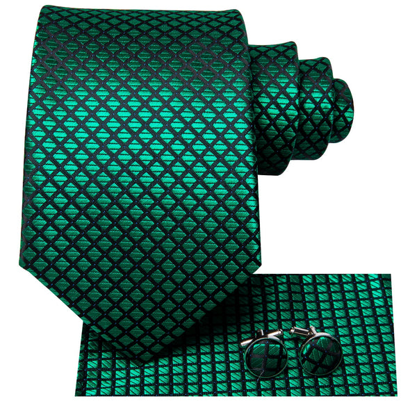 Green Black Plaid Men's 70 Inches Extra Length Tie Handkerchief Cufflinks Set