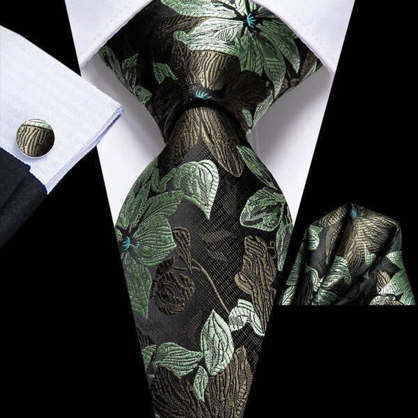 Coffee Brown Sage Green Floral Men's 70 Inches Extra Length Tie Handkerchief Cufflinks Set