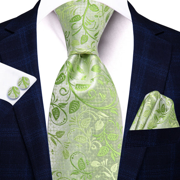 Light Lime Floral Men's 70 Inches Extra Length Tie Handkerchief Cufflinks Set