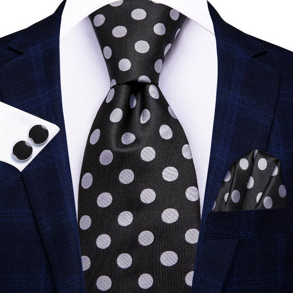 Ties2you Black Tie White Polka Dots Men's 70 Inches Extra Long Tie Handkerchief Cufflinks Set Classic