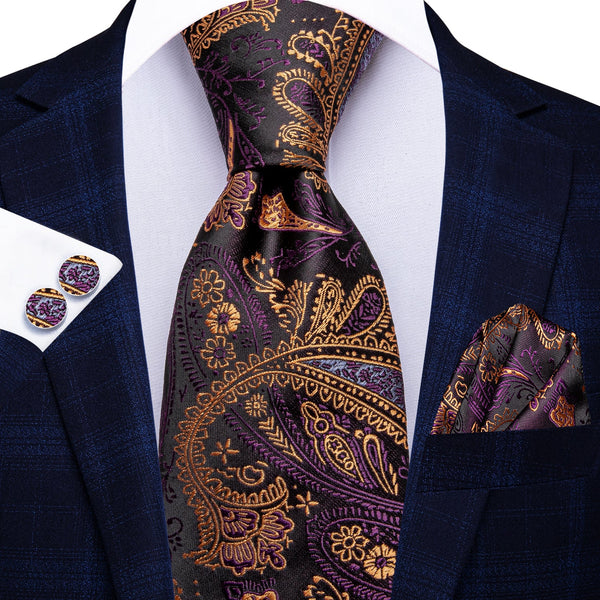 Purple Brown Paisley Men's 70 Inches Extra Length Tie Handkerchief Cufflinks Set