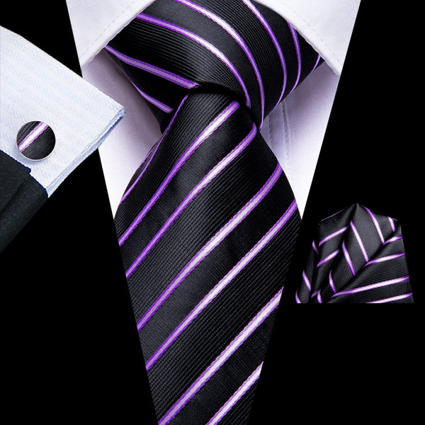 Black Purple Striped Men's 70 Inches Extra Length Tie Handkerchief Cufflinks Set