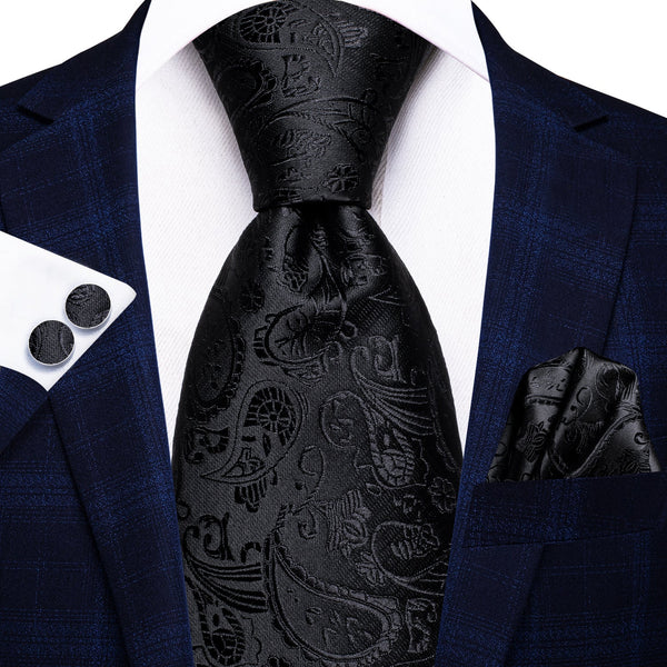 Black Paisley Men's 70 Inches Extra Length Tie Handkerchief Cufflinks Set