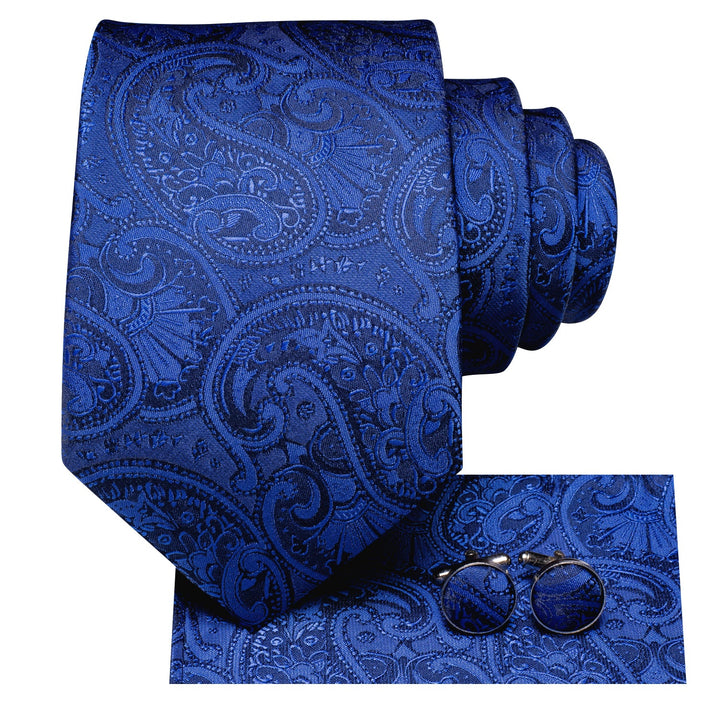 Deep Blue Paisley mens silk suit dress tie hanky cufflinks set