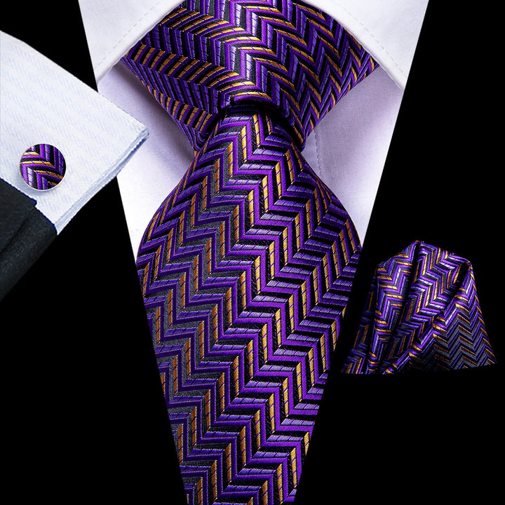 Purple Orange Striped Mens Silk Tie Pocket Square Cufflinks Set for Business Suit