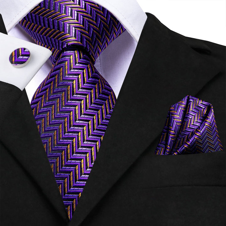 Extra Long Tie Purple Orange Striped 63 Inches Men's Silk Tie Handkerchief Cufflinks Set