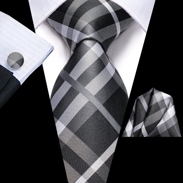 Black Grey White Plaid Men's 70 Inches Extra Length Tie Handkerchief Cufflinks Set