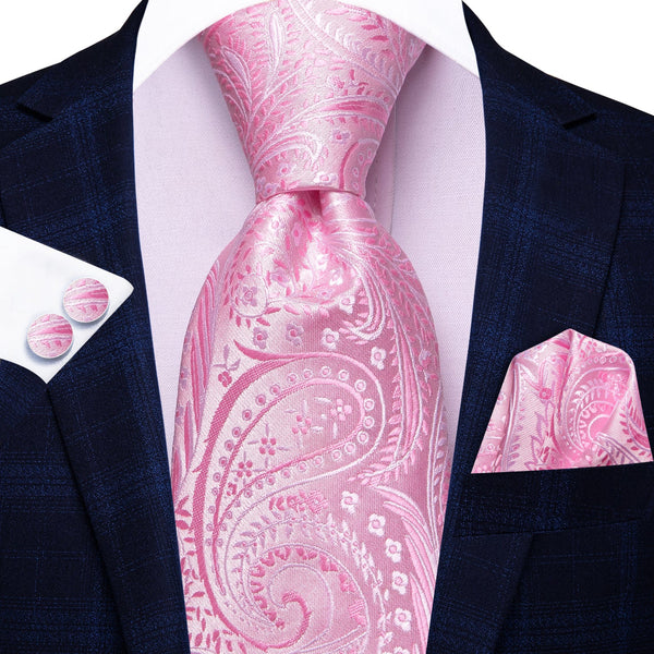 Extra Long Tie Pink Paisley 63 Inches Men's Silk Tie Handkerchief Cufflinks Set