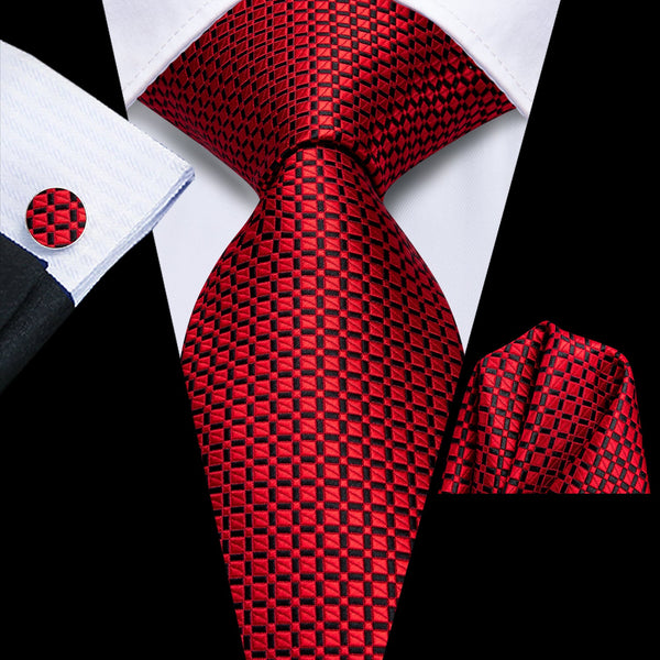 Red Black Plaid Men's 70 Inches Extra Length Tie Handkerchief Cufflinks Set