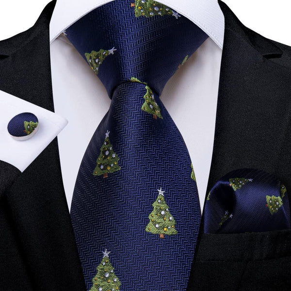 Ties2you Dark Blue Green Christmas Tree Necktie Pocket Square Cufflinks Set