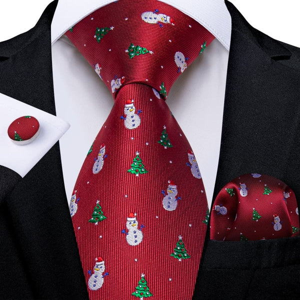 Ties2you Red Christmas Tree Snowman Necktie Pocket Square Cufflinks Set