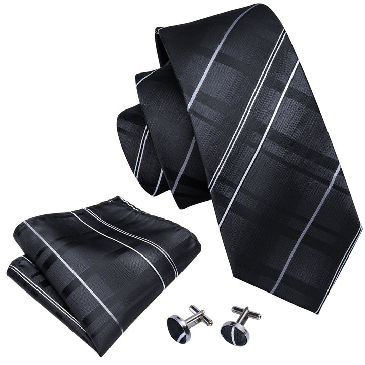 classic business black white silver striped silk mens tie and pocket square sets for suits