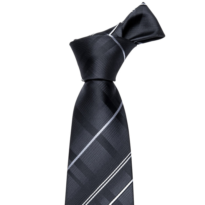 classic business black white silver striped silk mens tie and pocket square sets for suits