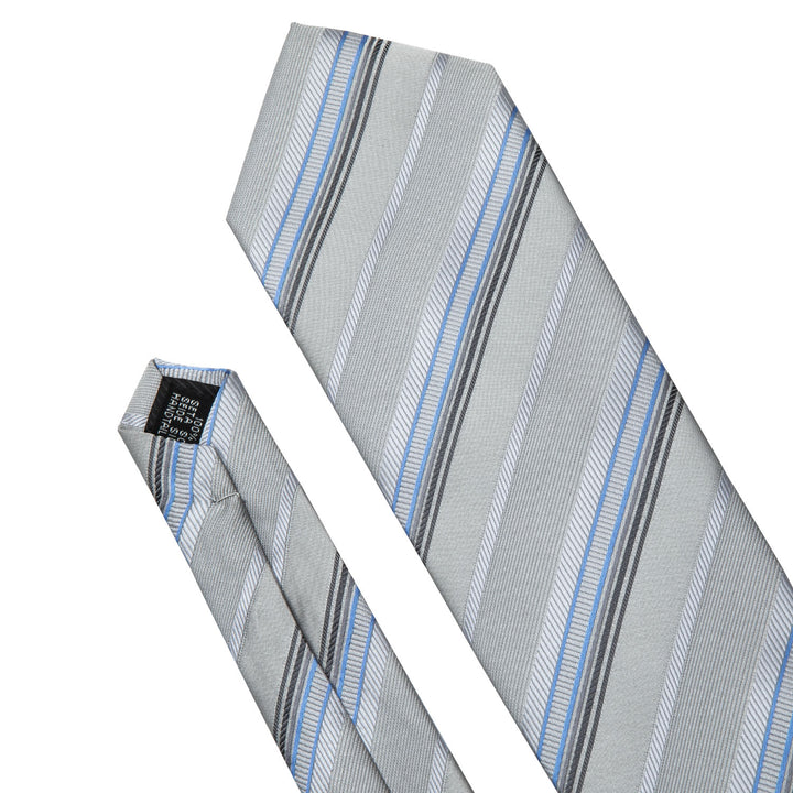 fashion business striped silver grey blue mens tie pocket square cufflinks set