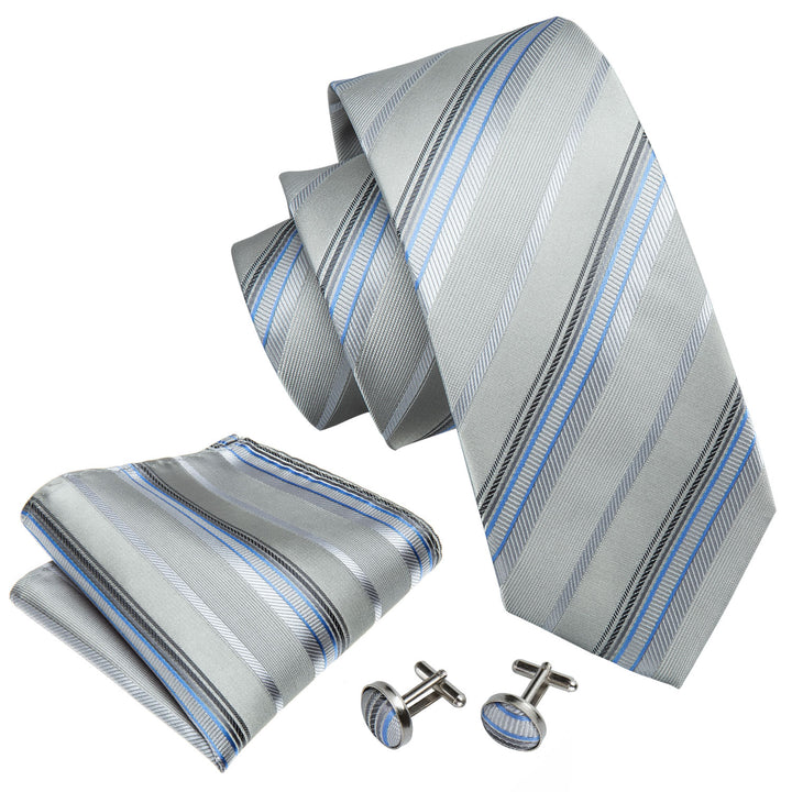 fashion business striped silver grey blue mens tie pocket square cufflinks set